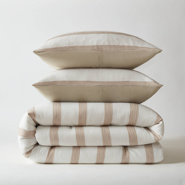 English Elm 3-piece King Yarn-dyed Woven Stripe Comforter Set with Seersucker Texture for Coastal Bedrooms Taupe B035P463217
