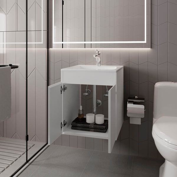 English Elm Shoshoni Compact Bathroom Vanity Cabinet with Two Doors, Scratch-Resistant Melamine Finish, Space-Saving White 25 L x 23 W x 12 H B128P314801