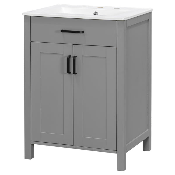 English Elm 24"Bathroom Luxurious Space-Saving Vanity with Ceramic Sink, Solid Wood Frame, Soft-Close Doors and Storage Grey N729P183716E