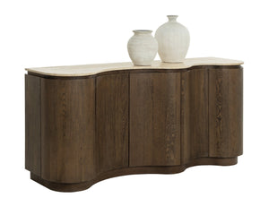 Sunpan FABLE Sideboard: Elegant Solid Oak Storage with Curved Design and Travertine Top for Modern Homes 112360