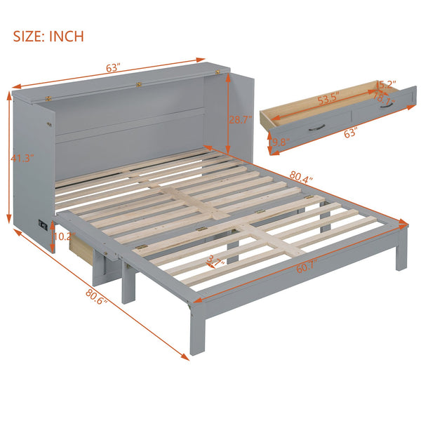 English Elm Queen Murphy Wall Bed with Usb Ports Storage Drawers and Cabinet Style Panel Front Gray N708S00010E