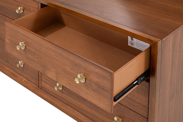 English Elm 1pc Walnut Six Drawer Dresser Gold Capped Legs Mid Century Modern Bedroom Storage B2741P446678