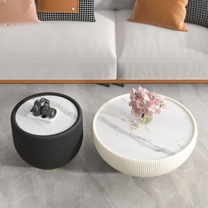 English Elm Modern Sintered Stone Round Side Table Leather Edge Brass Base Living Room Accent Gold+Black,Marble W3081P293641