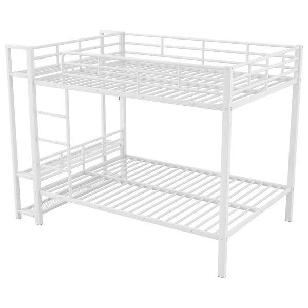 English Elm Full Size Metal Bunk Bed With Led Lights, Storage Shelves & Hooks - Stylish Space-Saver In White N7090000667K
