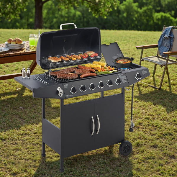 English Elm 6 Burner Propane Gas Grill with Cast Iron Grates Side and 59000 Btu Outdoor Power W1820P341741