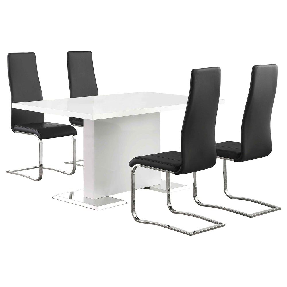 English Elm Wenzl Five Piece Dining Set Glossy White Table with Black Leatherette Chrome Chairs B062S01400