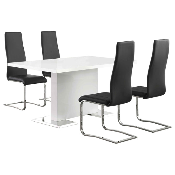 English Elm Wenzl Five Piece Dining Set Glossy White Table with Black Leatherette Chrome Chairs B062S01400