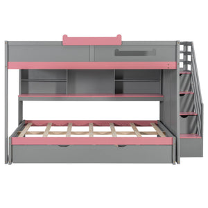 English Elm House-shaped Pine Bunk Bed with Built-in Slide Storage Staircase Twin Over Full Kids Frame Gray N820S00067E