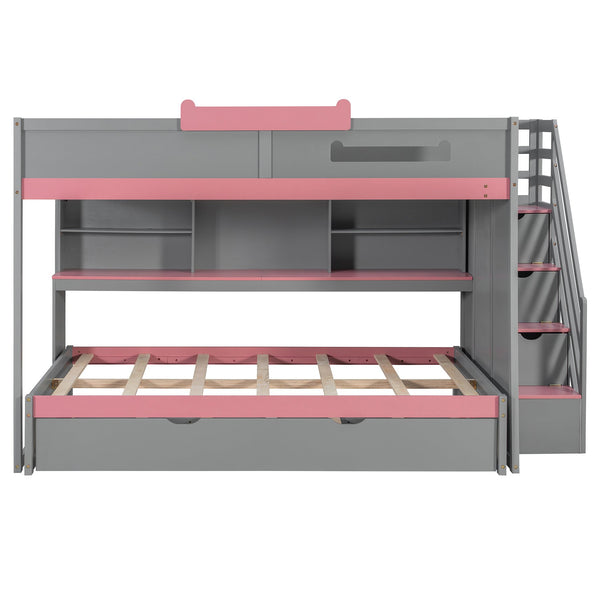 English Elm House-shaped Pine Bunk Bed with Built-in Slide Storage Staircase Twin Over Full Kids Frame Gray N820S00067E