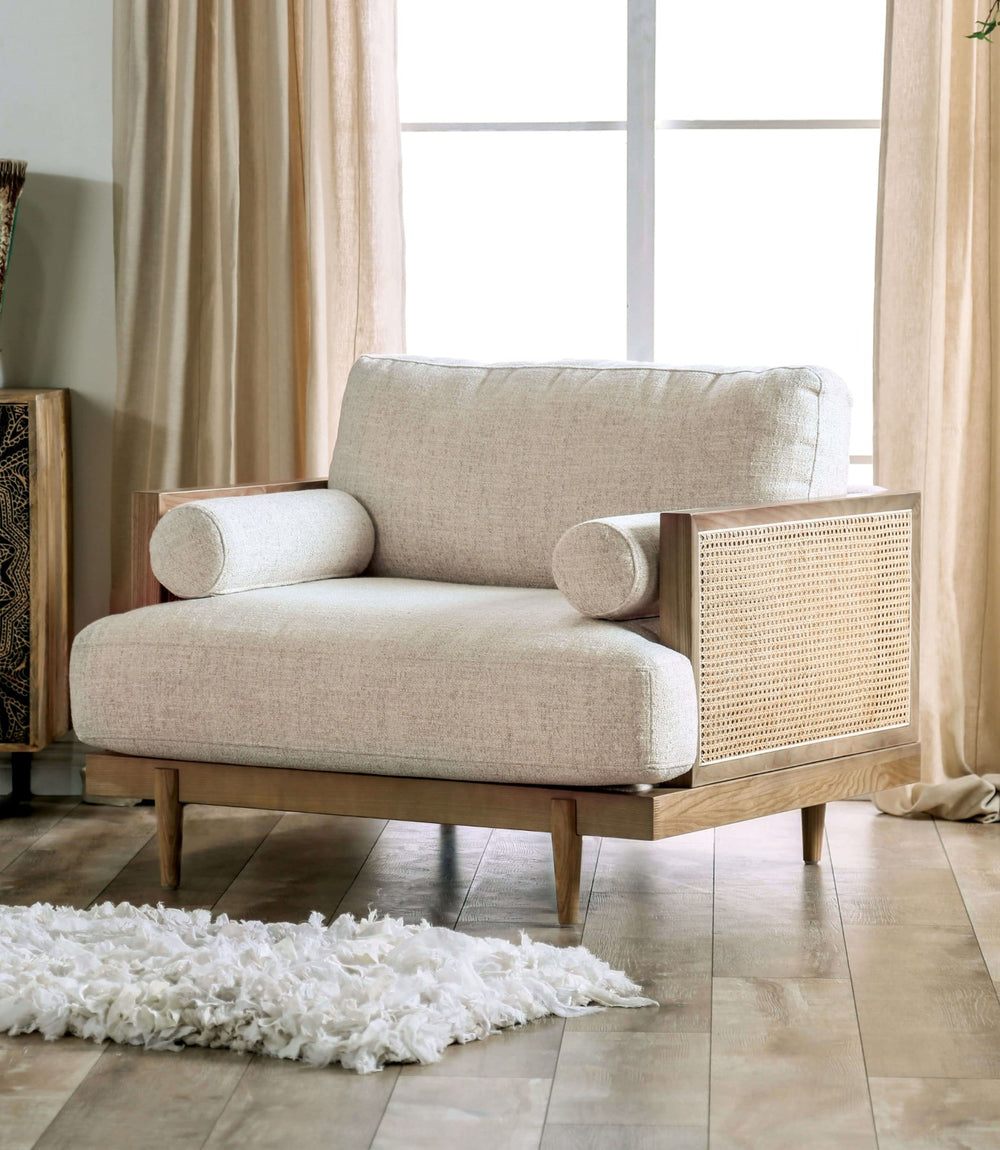 English Elm Mid-Century Beige Chair with Bolster Pillow, Ash Wood Legs & Rattan Panel — Retro Modern Comfort B2741P378636