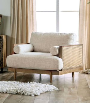 English Elm Mid-Century Beige Chair with Bolster Pillow, Ash Wood Legs & Rattan Panel — Retro Modern Comfort B2741P378636
