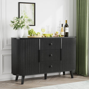 English Elm Sideboard Fluted Credenza with Three Drawers Two Doors Matte Black Modern Storage Black T3773P417309