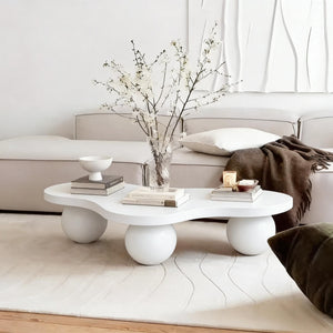 English Elm 46 Inch Cloud Shaped Coffee Table with Ash Veneer Top and Sculptural Sphere Legs White W3935S00007