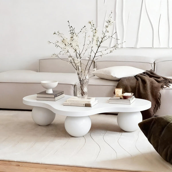 English Elm 46 Inch Cloud Shaped Coffee Table with Ash Veneer Top and Sculptural Sphere Legs White W3935S00007