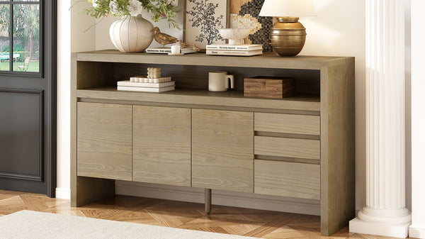English Elm U_Style 60" Modern Sideboard - Stylish 3-Door Storage Cabinet With Drawers & Cable Management Solution N711P289141O-GIGA
