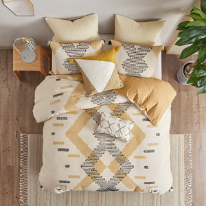 JLA Home INK+IVY - 3 Piece Cotton Duvet Cover Set with Yellow-Grey Geometric Print, Tassels, Reversible Solid Back, Breathable Cotton II12-1114