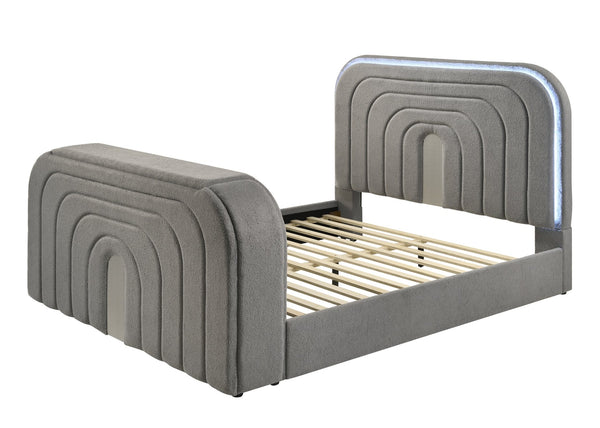 English Elm Shelyn Teddy Sherpa Queen Bed with LED Headboard, Fireplace TV Lift, Bluetooth Speakers & Storage Gray 85.83 L x 12.6 W x 6.1 H B2726S00529