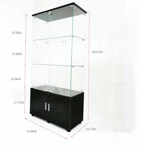 English Elm Double-door Glass Display Cabinet with Led Lighting Four Shelf Living Room Storage Black W3155S00023