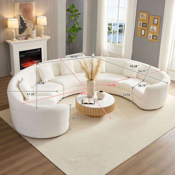 English Elm Oversized Curved Sectional Sofa Modular 3-Piece Mid-Century Bouclé Beige Couch with 4 Plush Pillows W3208S00010