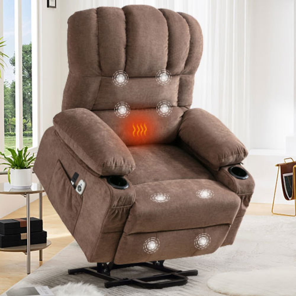 English Elm Power Lift Lounge Chair With Heating & Vibration Massage For Elderly, Usb Charging, Brown Upholstery W1521P302628-GIGA