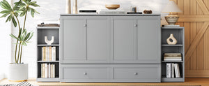 English Elm Queen Murphy Wall Bed with Open Shelves and Drawers for Guest or Office Rooms Light Gray W5316S00008