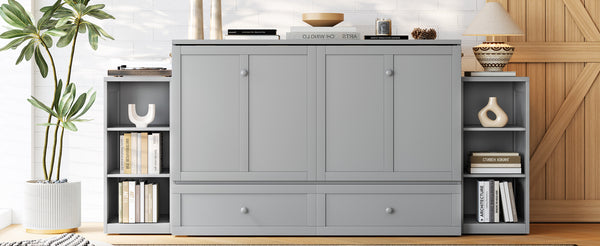 English Elm Queen Murphy Wall Bed with Open Shelves and Drawers for Guest or Office Rooms Light Gray W5316S00008