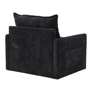 English Elm UNITED Swivel Barrel Chair with Chenille Upholstery, 360° Smooth Rotation, Padded Arm Comfort and Side Pockets for Living Room Relaxation Black W1568P290088