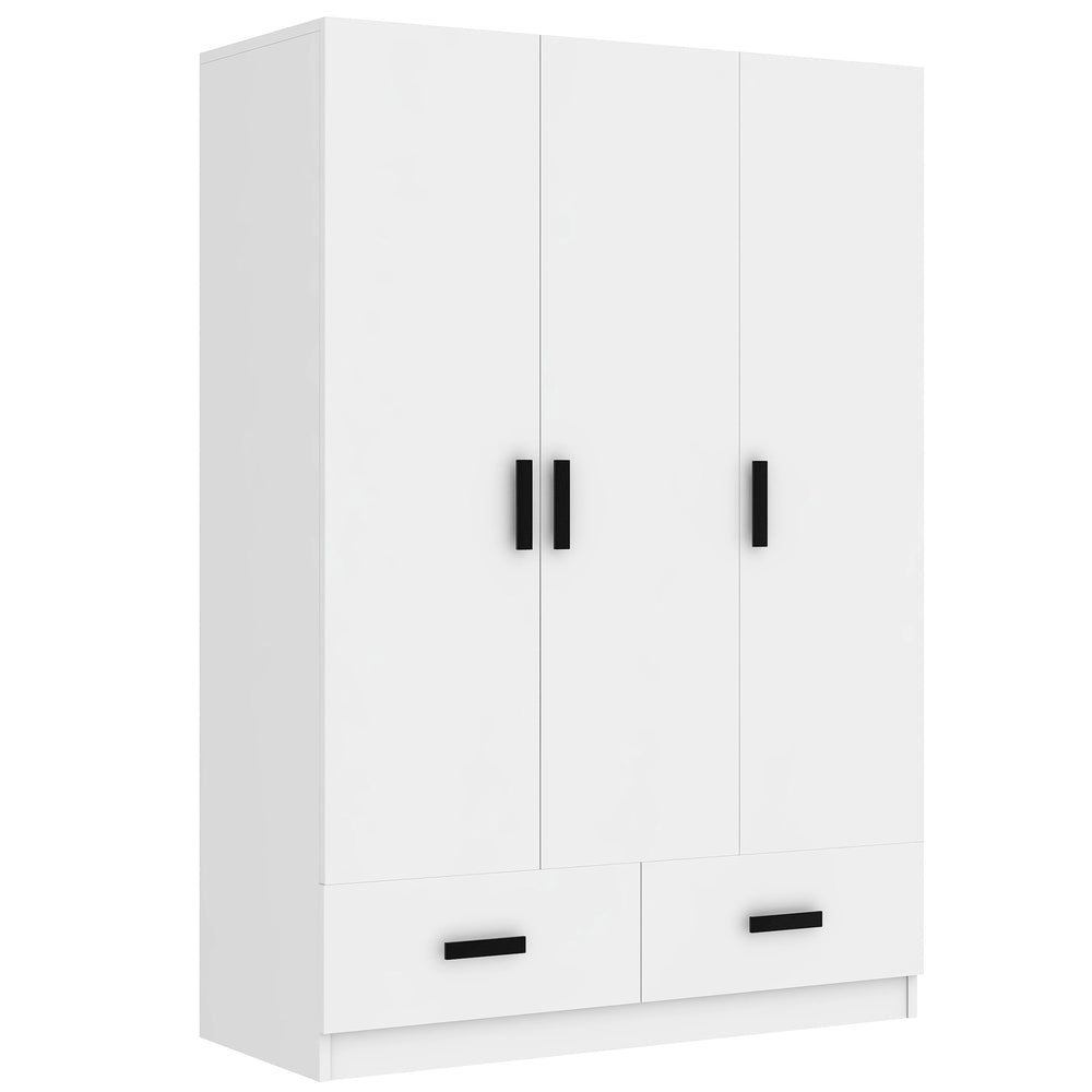 English Elm 3 Door Wardrobe Closet with Drawers, Shelves & Aluminum Rod — Durable MDF Pine, 47.2"L x 20"W x 67.7"H white GX001837AAK