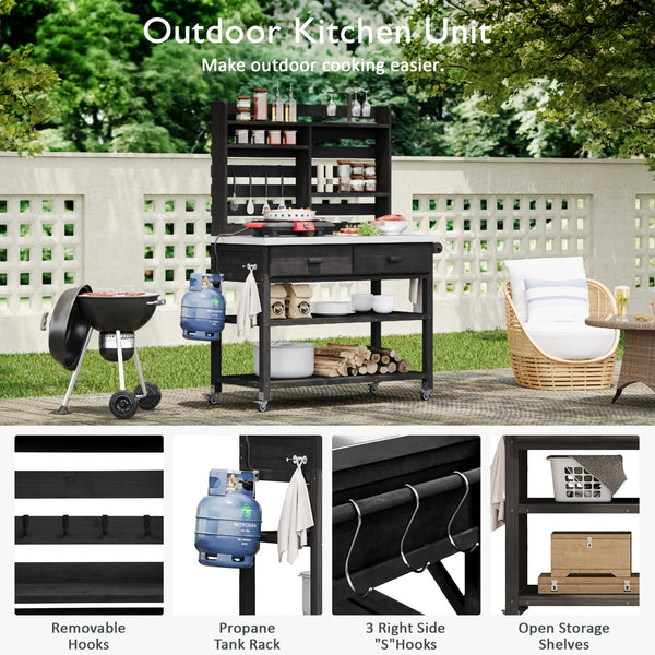 English Elm K&K 64.9" Outdoor Potting Bench with 1.2" Stainless Steel Top, Lockable Wheels, Hutch & Drawers Black N707P228274B