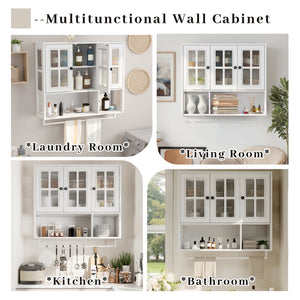 English Elm Bathroom Wall Cabinet with 3 Doors and Glass Panel, MDF Storage Cabinet with Towel Bar, Modern 35.6"L x 10.2"W x 32.5"H White W757P329727