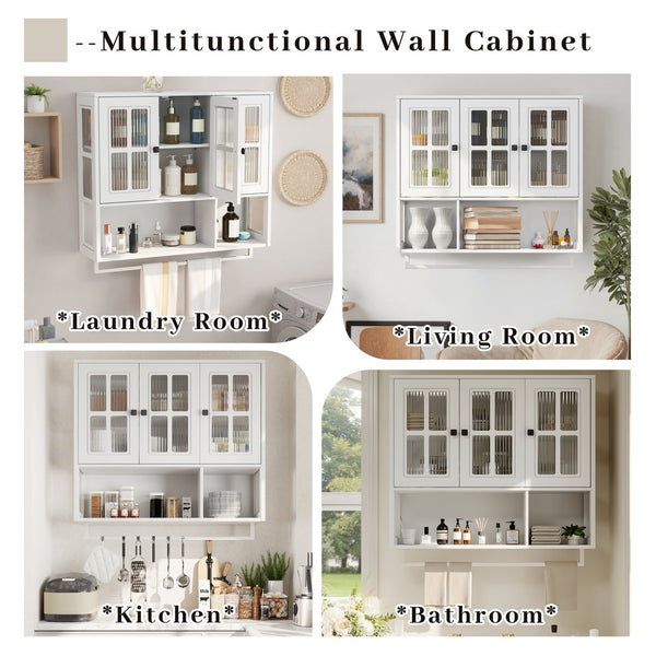 English Elm Bathroom Wall Cabinet with 3 Doors and Glass Panel, MDF Storage Cabinet with Towel Bar, Modern 35.6"L x 10.2"W x 32.5"H White W757P329727