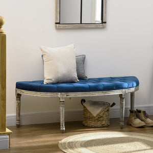 English Elm HOMCOM Vintage Semi-Circle Upholstered Entryway Bench with Tufted Velvet-Touch Seat and Rubberwood Legs Blue W2225P217019