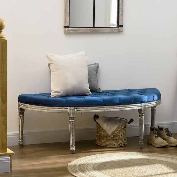 English Elm HOMCOM Vintage Semi-Circle Upholstered Entryway Bench with Tufted Velvet-Touch Seat and Rubberwood Legs Blue W2225P217019