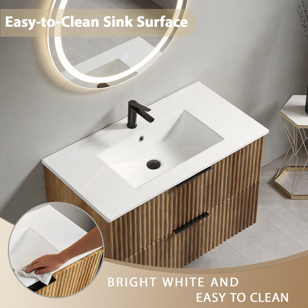 English Elm 36 Inch Floating Bathroom Vanity Fluted Wood Grain Panel with Ceramic Integrated Sink W3520S00045