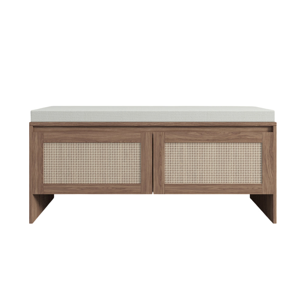 English Elm PP Rattan bench with cushion and hidden shoe storage, linen seat, dust‑protected interior, natural finish W808P316354