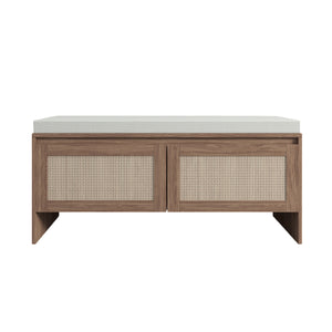 English Elm PP Rattan bench with cushion and hidden shoe storage, linen seat, dust‑protected interior, natural finish W808P316354