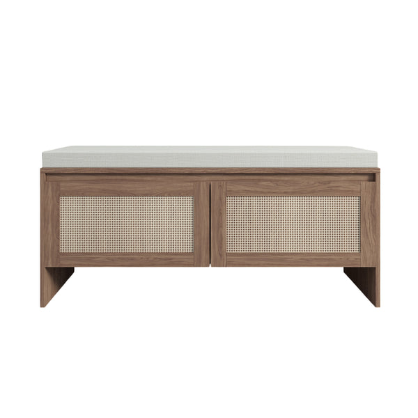 English Elm PP Rattan bench with cushion and hidden shoe storage, linen seat, dust‑protected interior, natural finish W808P316354