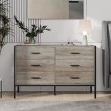 English Elm Wood Dresser With 6 Drawers, Wooden Storage Closet For Bedroom, Solid Clothes Cabinet With Sturdy Steel Frame, 48.58"W×15.75"D×31.22"H, 48 Inch, Rustic Grey