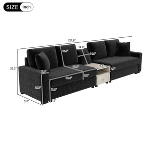 English Elm Modern Chenille Modular Sofa with Storage Armrest Console Table Living Room Seating Black N763S000064B