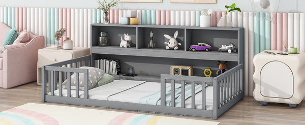 English Elm Twin Floor Bed with Built-In Bedside Bookcase and Shelves, Space-Saving Design with Guardrails Grey W504142770