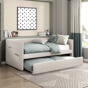 English Elm Modern Upholstered Daybed with Pull Out Trundle Nailhead Trim and Side Storage Pockets Beige B011P419489