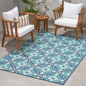 Christopher Knight Home® - Noble House - Morroco Outdoor 5'3" X 7' Trellis Area Rug, Navy and Blue