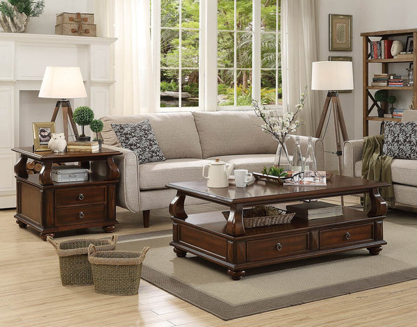 English Elm Walnut 2-Drawer End Table with Open Shelf, Rich Finish, Round Bun Legs for Stylish Storage and Charm B062P209058
