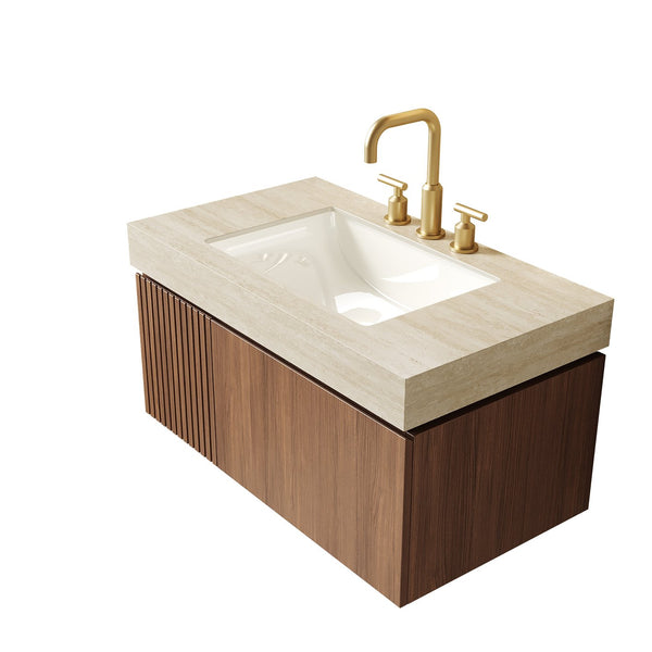 English Elm Muri Floating Bathroom Vanity Oak Plywood Cabinet Travertine Stone Top Soft Close W2615S00609