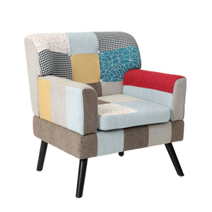 English Elm Patchwork Mid Century Modern Accent Chair - Colorful Linen Club Sofa, Solid Wood Frame, 250 lb Capacity W561P190124