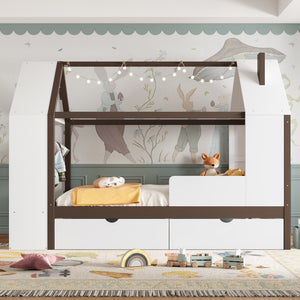 English Elm Twin House Frame Bed Pine Wood with Storage Drawers and Shelves for Kids Bedroom W1580S00573