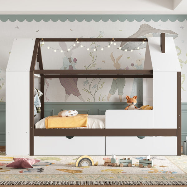 English Elm Twin House Frame Bed Pine Wood with Storage Drawers and Shelves for Kids Bedroom W1580S00573