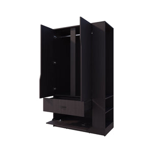 English Elm Wenge 3-Door Wardrobe with Drawer, Open Side Shelf & Hanging Rods — Deep Finish, Durable Storage B062S01382
