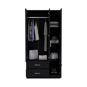 English Elm Four Door Armoire Crosby Black - Spacious Engineered Wood Wardrobe with Rod, Shelves & Drawers, Durable Design B092S00264
