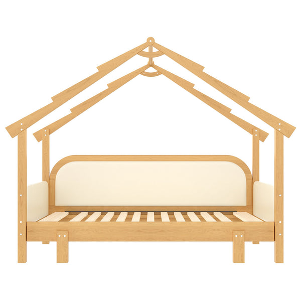English Elm Twin Pine Treehouse Floor Bed with Padded Rails and Cabin Roofline for Kids White W1580S00383